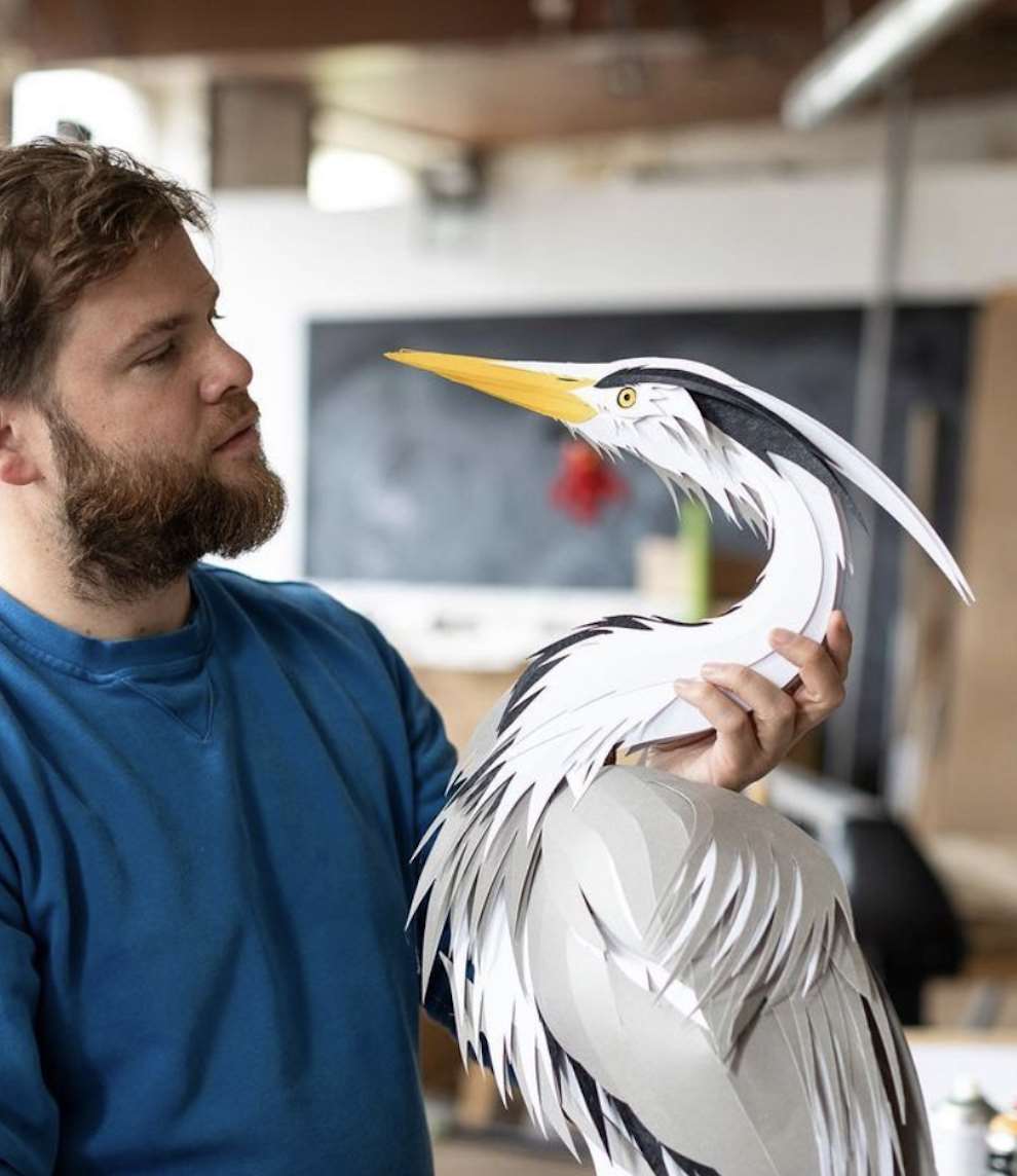 Andy Singleton, Crane bird paper sculpture by Andy Singleton.